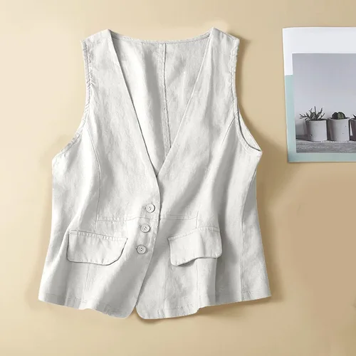 Vista 45 de COTECRAM Chaleco de lino de algodón para mujer, casual, sin mangas, con botones, ligero, para verano, holgado, ropa de abrigo