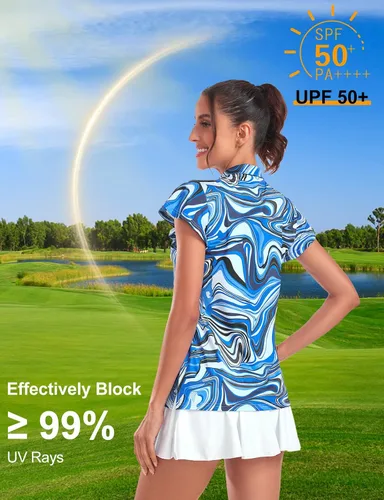 Vista 5 de Tanst Sky Polo de golf para mujer, con cremallera, volantes, manga corta, para entrenamiento, secado rápido