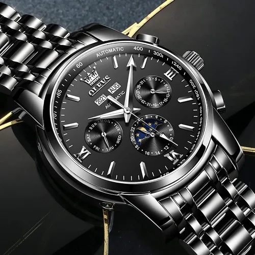 Vista 3 de OLEVS Automatic Mechanical Watches for Men Self Winding no Battery Stainless Steel Strap Luxury Moon Phase Luminous Waterproof Wrist Watch
