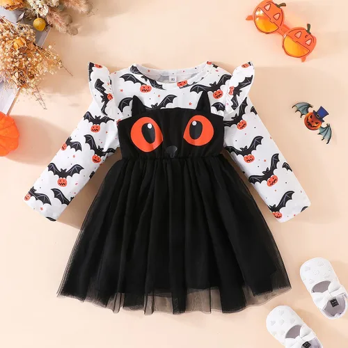 Vista 2 de Ovmxqso Disfraz de gato negro para niña pequeña, vestido de calabaza de manga larga, vestido de fiesta de tul de malla