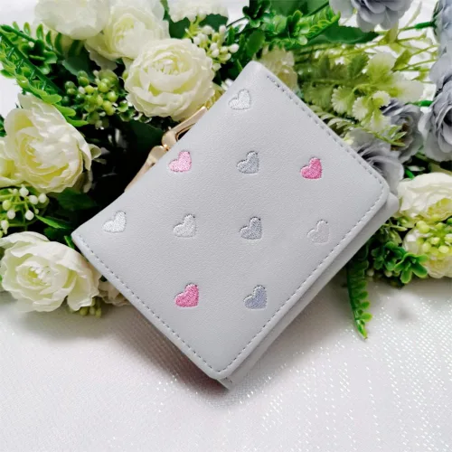 Vista 3 de Cartera de impresión corta de dibujos animados bordada de corazón para mujer, multitarjeta, monedero triple, Gris, Casual