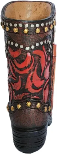 Vista 4 de Bota de vaquero occidental decorativa rústica, jarrón para decoración de oficina (rojo y negro)