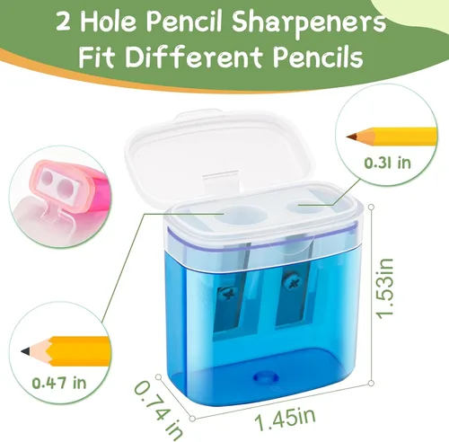 Vista 2 de 24 piezas de sacapuntas manual pequeño de 2 agujeros con tapa, sacapuntas manuales de doble agujero para lápices de colores a granel, sacapuntas