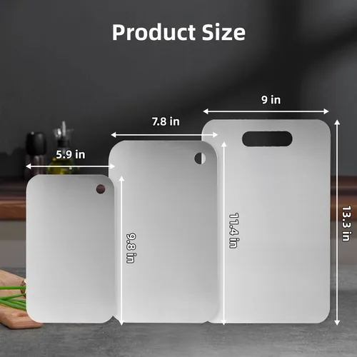 Vista 2 de Tabla de cortar de acero inoxidable, tabla de cortar de cocina 304 de grado alimenticio, uso de doble cara, disponible en tres tamaños, inodoro