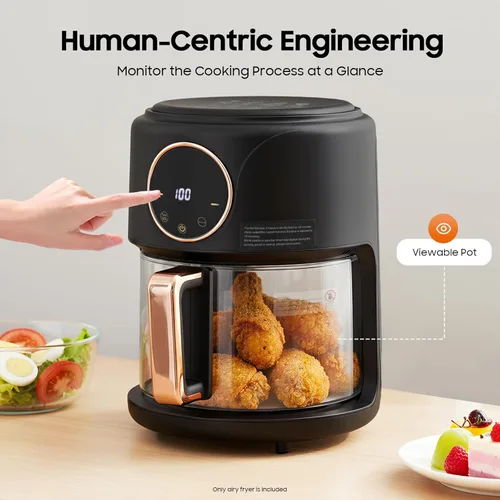 Vista 4 de Freidora de aire de vidrio de 4.44Qt 1200W, control de temperatura y tiempo 8 en 1 Black Non Toxic Air Fryer with Stainless Steel Grill 360° View