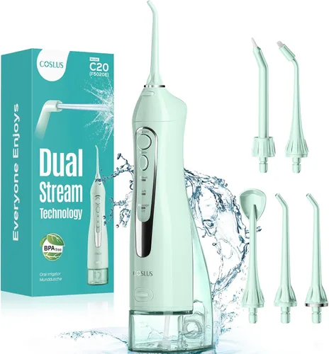 Vista 11 de COSLUS Hilo Dental de Agua: Irrigador Oral Portátil Inalámbrico 300ML Recargable Limpiador de Viaje IPX7 Impermeable Máquina de Hilo Dental