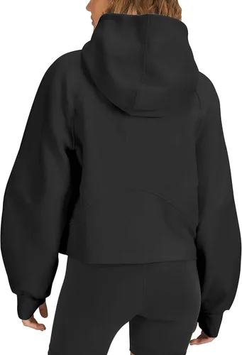 Vista 2 de LAMOER Womens Hoodie Pullover Sweatshirts Peachskin Velvet Half-Zip Crop Hooded Fleece Lined Collar Zip Up Cropped Hoodies