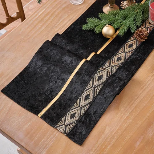 Vista 4 de Camino de mesa, lujo de lentejuelas de terciopelo con tira de plumas doradas con purpurina, cocina de temporada, comedor, decoración del hogar