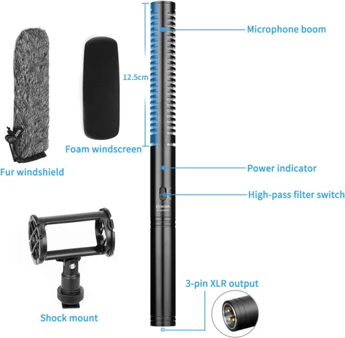 Vista 10 de BOYA Micrófono XLR, Micrófono Shotgun BY-BM6060 con Montura de Choque y Cubierta Antiviento para Cámara DSLR, Micrófonos Condensadores Profesionales