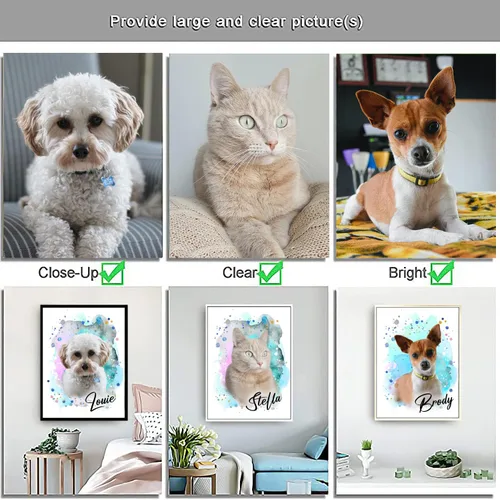 Vista 5 de Pintura de acuarela personalizada con retrato de perro y gato, impresiones en lienzo enmarcadas con tus fotos, arte de pared para decoración