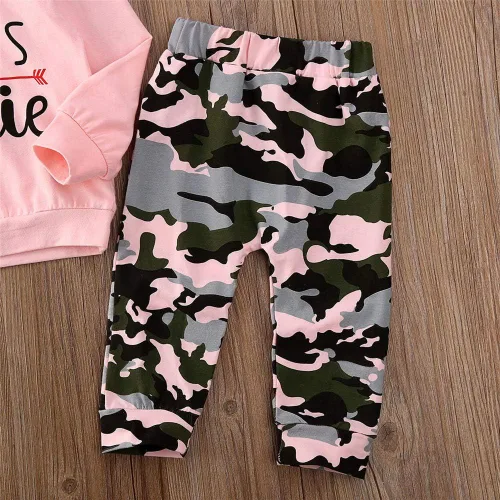 Vista 5 de FYBITBO 2 piezas de ropa de otoño e invierno para bebé niña, sudadera con capucha y pantalones de camuflaje, conjuntos de ropa