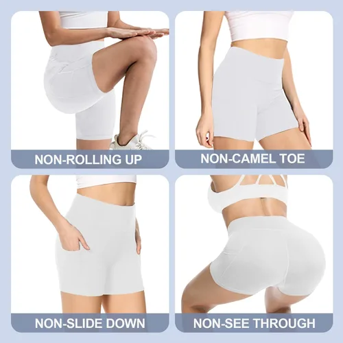Vista 2 de GAYHAY Pantalones cortos de ciclismo con bolsillos para mujer, cintura alta, control de abdomen, pantalones cortos de entrenamiento suaves