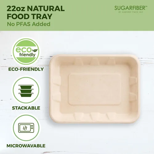 Vista 4 de 100 unidades Harvest Pack 22 oz Bandejas de comida compostables, 21.56 cm x 16.38 cm x 3.3 cm Contenedor de comida desechable LIBRE de PFAS, platos