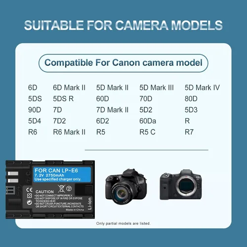 Vista 3 de Paquete de 2 baterías de alta capacidad LP-E6/LP-E6N/LP-E6NH de 2750 mAh para Canon EOS R Series (R,R5,R6 Mark II,R5C,R6,R6II,R7), Serie 5D