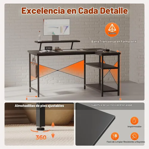 Vista 6 de Mericonia Escritorio para Computadora en Forma de L con Tomas de Corriente, Escritorio de Juegos Reversible con Estantes de Almacenamiento y Soporte