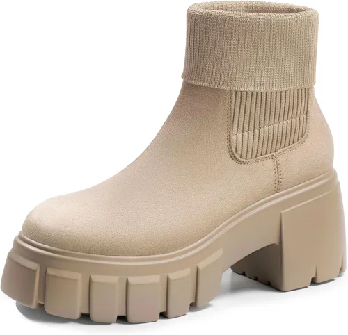Vista 11 de FITORY Botas Chelsea para mujer, botines de tobillo elásticos con tacón medio grueso y suela con tacos, zapatos cómodos y modernos sin cordones