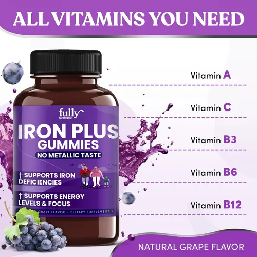 Vista 3 de Suplementos de gomitas de hierro para adultos (mujeres, hombres) y niños, sabor a uva, apoya la anemia, los niveles de energía y enfoque, 100