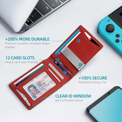 Vista 2 de Zitahli - Carteras delgadas con clip para dinero para hombre, tarjetero minimalista, de cuero, plegable, con bloqueo RFID, cartera de bolsillo