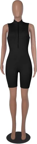 Vista 3 de Overol sexy de una pieza para mujer, con cremallera, sin mangas, ajustado, pantalones cortos