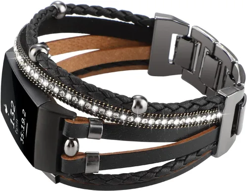 Vista 2 de Elegante correa de cuero compatible con Fitbit Charge 4 Charge 3, pulseras bohemias para mujer, pulseras de joyería multicapa de repuesto para Negro