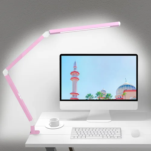 Vista 8 de Micomlan Lámpara de escritorio LED con abrazadera, lámpara de mesa de doble luz con brazo oscilante ajustable, cuidado de los ojos, 4 modos CCT y 5
