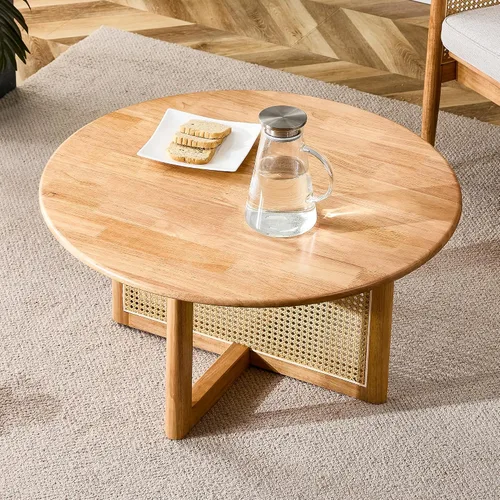 Vista 3 de Mesa de centro de madera de mediados de siglo con soporte de ratán de polietileno, mesa de café redonda de madera maciza de 33.45 pulgadas, mesa