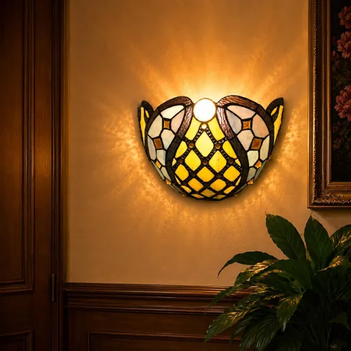 Vista 2 de Bieye L10816 Cadena de bolas de latón barroca estilo Tiffany apliques de pared de vidrieras luz nocturna para sala de estar, dormitorio, decoración