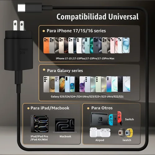 Vista 4 de Cargador de Bloque USB C de carga rápida para iPhone 17 16 Pro Max, cargadores USB-C de 30 W con cable largo de carga rápida tipo C de 3/6/10 pies