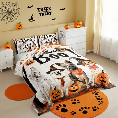 Vista 38 de Feelyou Juego de edredón de calabaza para todas las estaciones, decoración de Halloween, juego de ropa de cama con 1 funda de almohada, microfibra