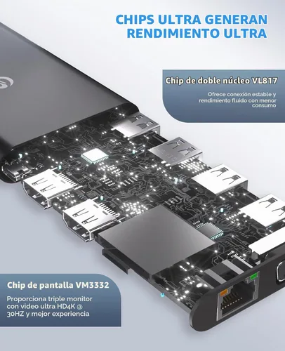 Vista 7 de UtechSmart Estación de Acoplamiento para Laptop con Triple Monitor USB-C - Muelle de 11-en-1 con 2 HDMI, VGA, PD3.0, Ranura para Tarjeta SD/TF, 4