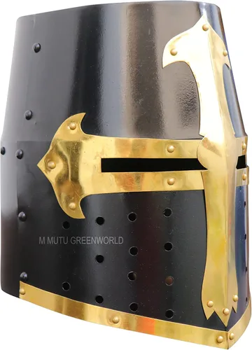 Vista 2 de MUTU GREENWORLD SHEL03 Casco medieval de caballero de los cruzados templarios réplica de armadura negra y dorada para cosplay, Halloween, LARP