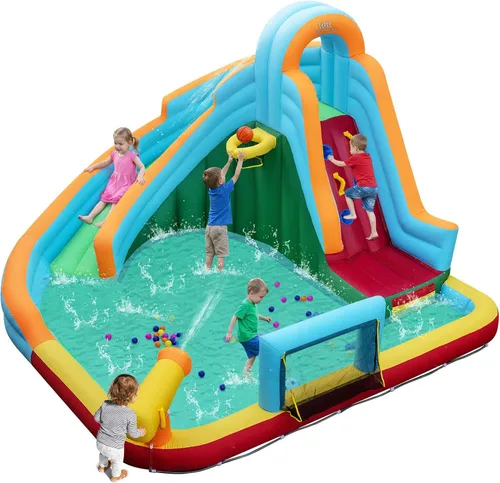 Vista 11 de Boundtech - Casa inflable para saltar, para usar en la alberca, con dos toboganes, pared de escalada, aro de baloncesto, alberca para sambullirse