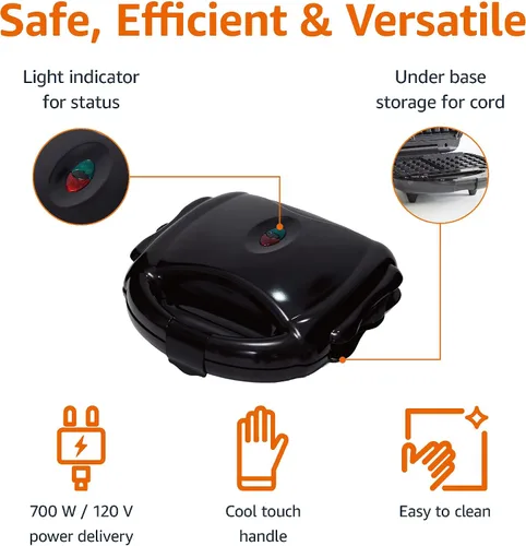 Vista 2 de Amazon Basics Wafflera, Sandwichera y Parrilla 3 en 1 Negra, 700W