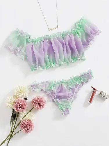 Vista 5 de WDIRARA Conjunto de lencería sexy de dos piezas con ribete de volantes y lunares para mujer