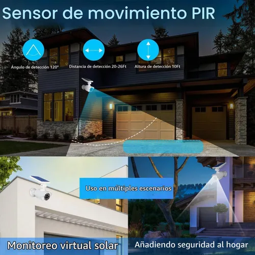 Vista 6 de Sensor de movimiento solar de seguridad al aire libre, cámara simulada IP66 impermeable, luz de seguridad alimentada por energía solar para patio
