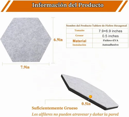 Vista 6 de 8 Piezas Azulejos Hexagonales de Tablero de Corcho de Fieltro, Autoadhesivos DIY Tablero de Anuncios Tablero de Clavijas para Oficina Escuela Hogar