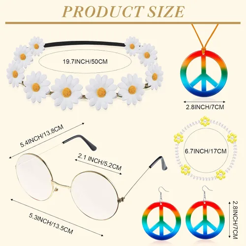 Vista 2 de Juego de 6 accesorios de disfraz hippie bohemio, letrero de la paz, margarita, flor de los años 60 y 70, decoraciones para fiestas geniales
