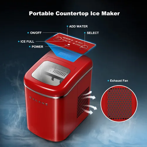 Vista 3 de Galanz Máquina eléctrica portátil para hacer hielo para encimera, 26 libras en 24 horas, 9 cubos en forma de bala listos en 9 minutos, 2 tamaños