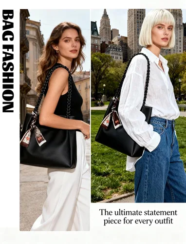 Vista 2 de Bolso de mano para mujer, de piel sintética, decorativo, para el trabajo, viajes, diario, con cremallera, correa de cuerda trenzada