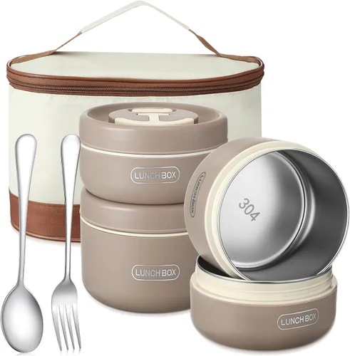 Vista 10 de Dandat 4 Piezas Caja Bento Aislada Contenedor Portátil de Acero Inoxidable para Alimentos Redondo Apto para Microondas Apilable A Prueba de Fugas