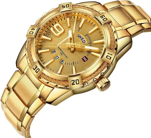 Vista 2 de FANMIS Reloj analógico de lujo para hombre, con fecha de cuarzo, impermeable, de acero inoxidable, Oro, Reloj de cuarzo