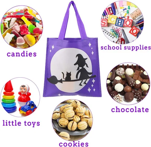 Vista 7 de CCINEE 24 bolsas no tejidas para golosinas, 8 bolsas de fiesta con patrón de Halloween, bolsas de fiesta con asas para niños, suministros de regalo