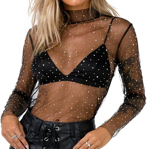 Vista 2 de Camisas sexys transparentes para mujer, de malla transparente, con lentejuelas, manga larga, cuello alto, blusa transparente E Gril Streetwear