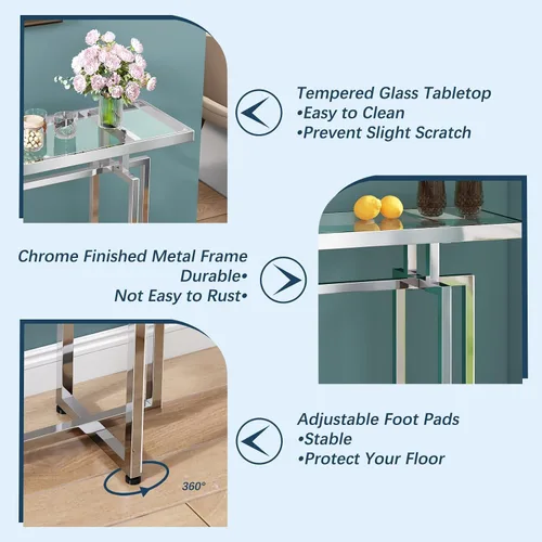 Vista 3 de ASYA Mesa consola de cristal para entrada, mesa de entrada moderna con vidrio templado y marco cromado, mesa de sofá plateada para sala de estar