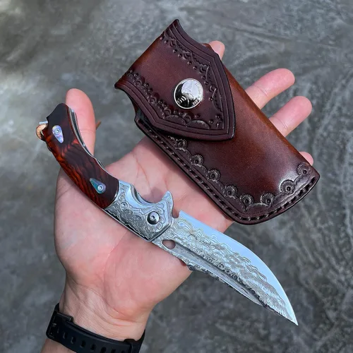 Vista 4 de Cuchillo hecho a mano japonés VG10 Damasco acero plegable cuchillo, mango de bloqueo de revestimiento de palisandro, cuchillos de bolsillo EDC