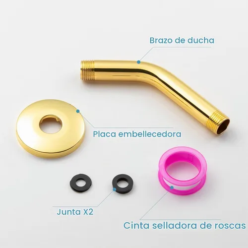 Vista 6 de OFFO Brazo de ducha con pestaña, de 6 pulgadas en oro brillante, montaje en pared, reemplazo, brazo angular de cabezal de ducha montado en la pared