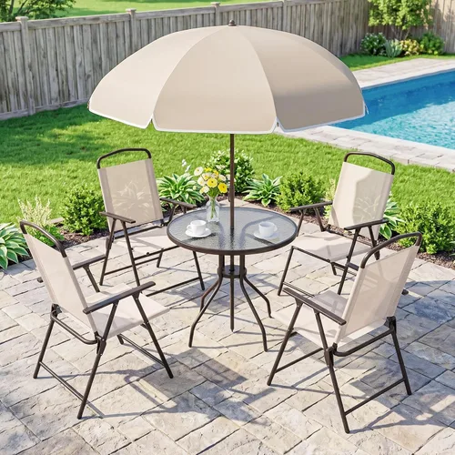 Vista 9 de Outsunny Juego de comedor de patio de 6 piezas para 4 personas con paraguas Beige