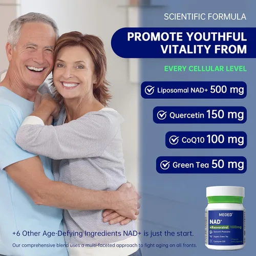 Vista 3 de NAD+ Suplemento de resveratrol de 1000 mg liposomal extra fuerte con resveratrol, CoQ10, quercetina y té verde orgánico para mujeres y hombres