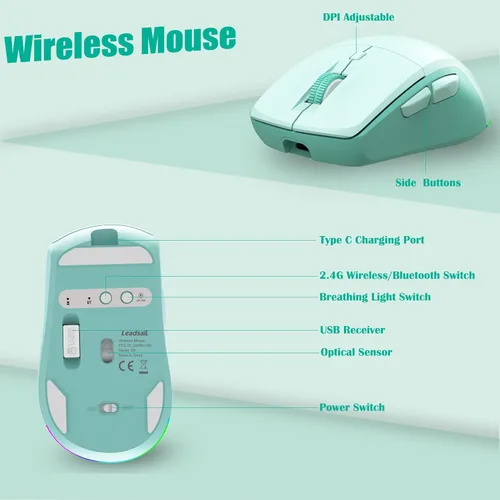 Vista 6 de LeadsaiL Ratón inalámbrico Bluetooth, mouse recargable de computadora de modo dual con botones laterales, diseño ergonómico, clic silencioso, DPI