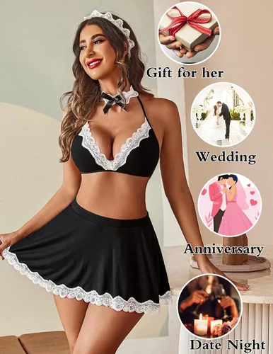 Vista 6 de Avidlove Lencería sexy de sirvienta para mujer, juego de roles, lencería para cosplay, disfraces sexys de Navidad